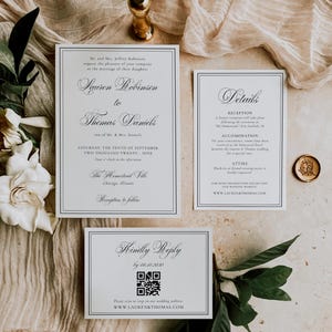 Puede incluir: Elegante juego de invitaciones de boda con un dise&ntilde;o cl&aacute;sico. El conjunto incluye una invitaci&oacute;n principal, una tarjeta de detalles y una tarjeta de respuesta. Las tarjetas son blancas con texto negro y un borde decorativo. Un sello de cera dorado y vegetaci&oacute;n se suman a la est&eacute;tica.