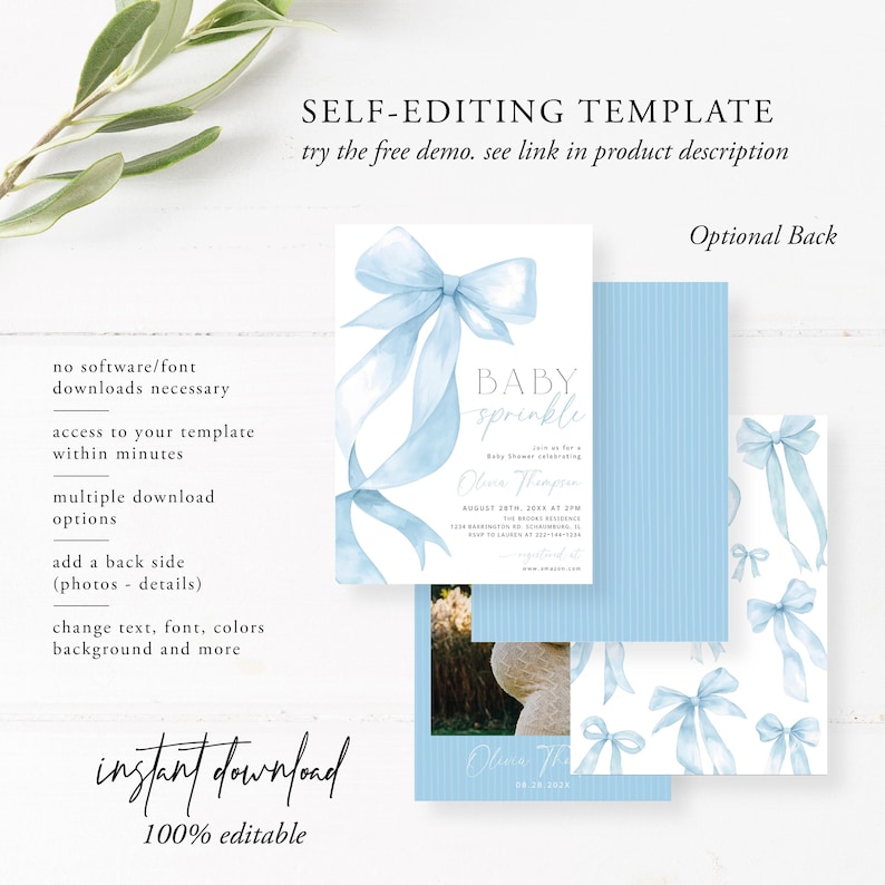 May include: Baby sprinkle invitation template with a watercolor blue bow design. The invitation includes the text "BABY sprinkle" and event details. The design is 100% editable and available for instant download.