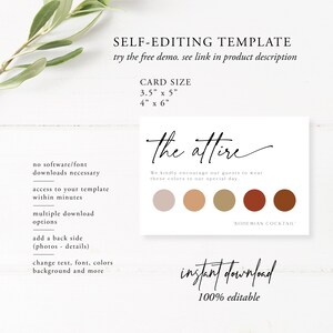 以下が含まれることがあります： 「the attire」と手書きのフォントで書かれた、印刷可能なウェディングアタイアカード。カードは、ゲストに5色のブラウン、ベージュ、さび色のカラーパレットから色を着用することを提案しています。「BOHEMIAN COCKTAIL」というテキストは、カラーパレットの下にあります。カードには、「インスタントダウンロード」と「100％編集可能」というテキストも含まれています。