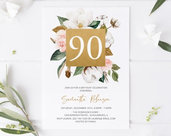 Birthday Invitation Template, Birthday Invitation Editable, Floral Party Invitation, Women’s Birthday, Printable, 90, 80, 70, 60, 50, 40, 49