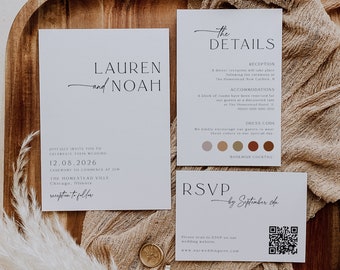 Wedding Invitation With QR Code RSVP, Minimalist Wedding Invitation Set, Dress Code, Wedding Invitation Double Sided, Simple Wedding, 89