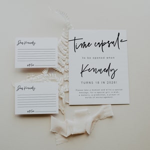 Sjabloon tijdcapsule, bord en met bijpassende afdrukbare berichtkaarten, bewerkbaar bord, timecapsule eerste verjaardag, modern, minimalistisch, 41