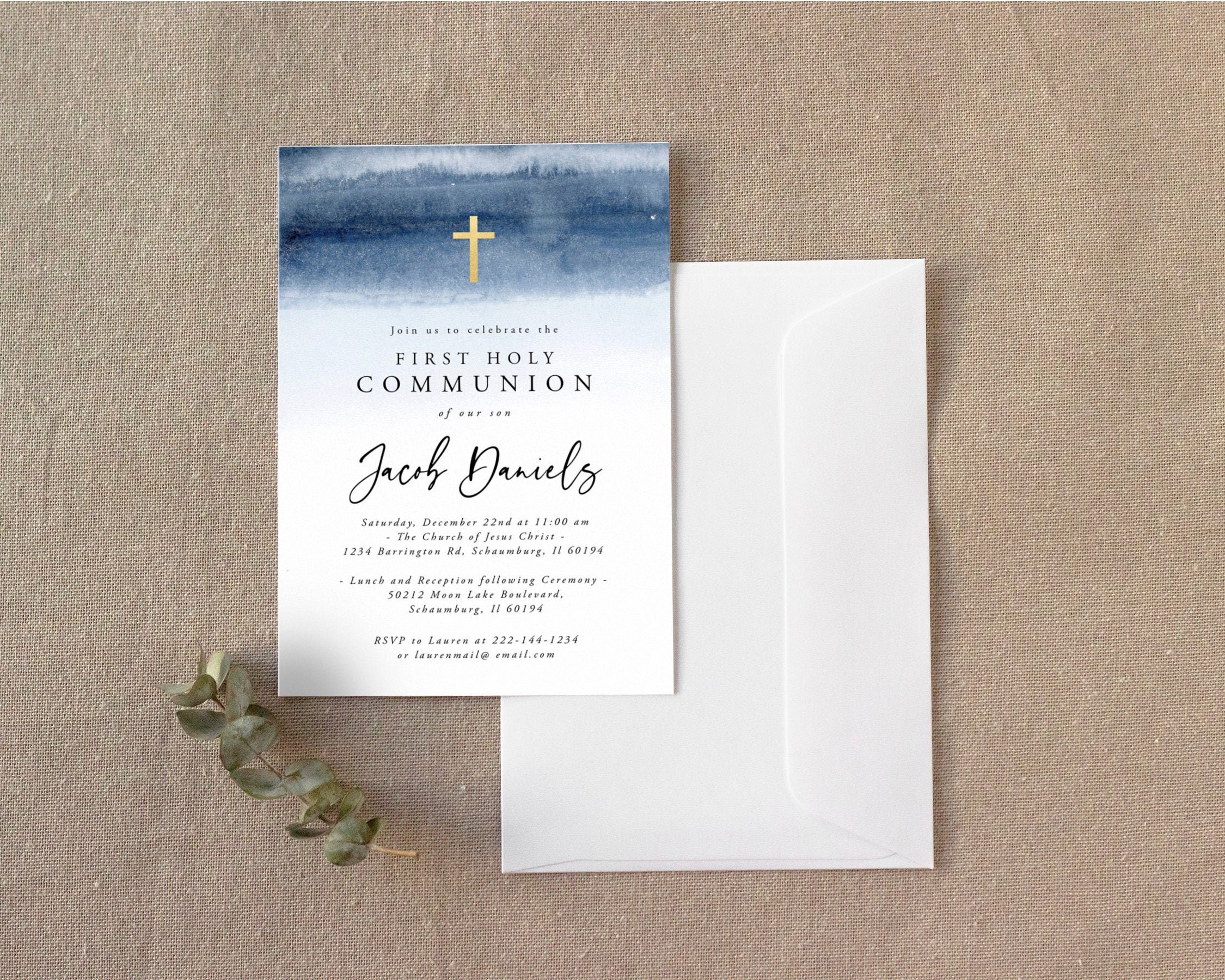 Blue Watercolor First Communion Invitation Template First pic picture