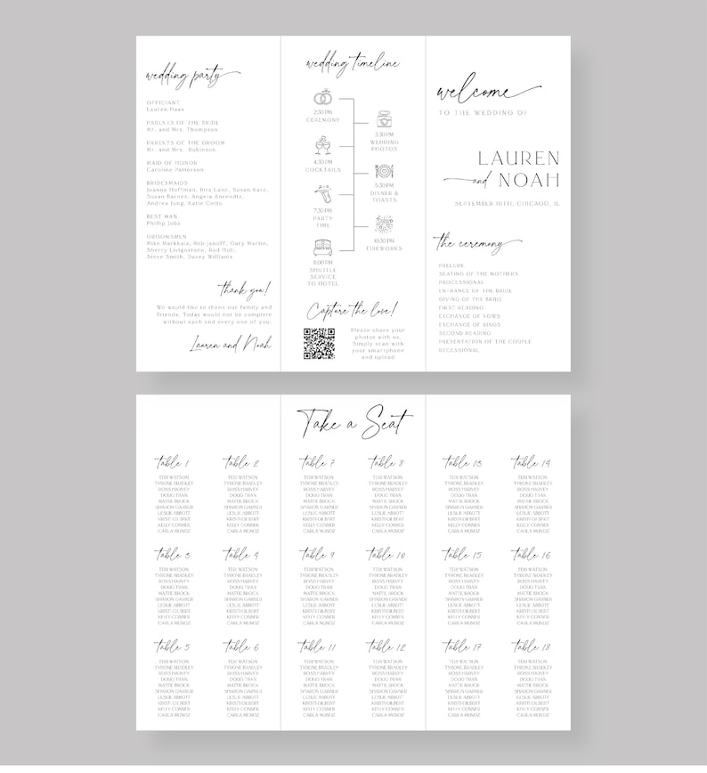May include: A wedding seating chart with a black and white design. The chart lists tables with guest names and table numbers. The text "Take a Seat" is written in a script font at the top of the chart.