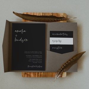 Pocket Wedding Invitation Set Templates, Black Minimalist Wedding, Pocket Wedding Invitations, Modern Wedding, Editable, Template, 43