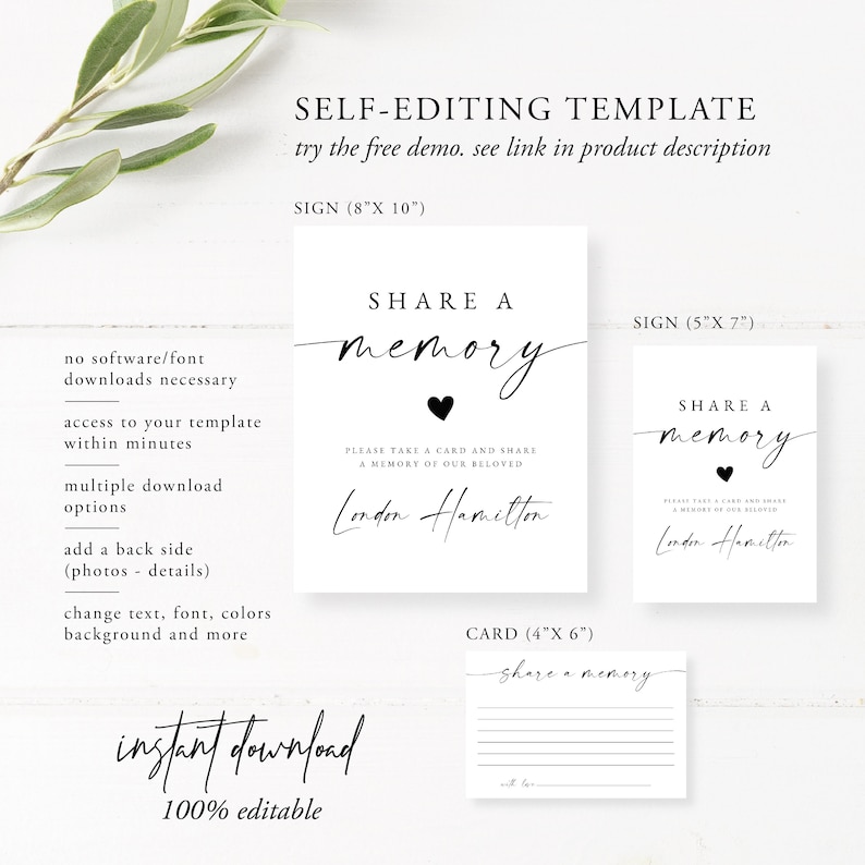 Share a Memory Funeral Sign and Share a Memory Card, Simple Funeral Memory Card Editable, Funeral share a memory template, Download, 128 image 5