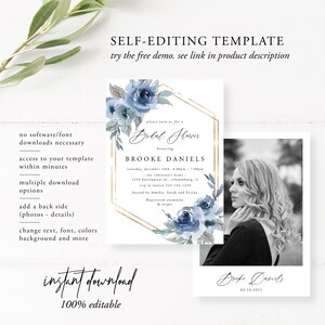 May include: A blue and gold bridal shower invitation template with a watercolor floral design. The text reads "Please join us for a Bridal Shower honoring Brooke Daniels".
