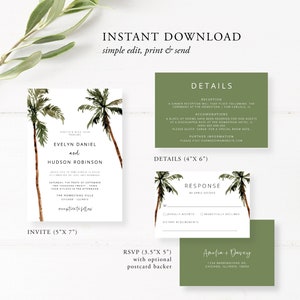 Palm Tree Wedding Invitation Template, Minimal Tropical Wedding Invitation Printable Set, Beach Wedding Invitation, Editable, Download, 44 image 6