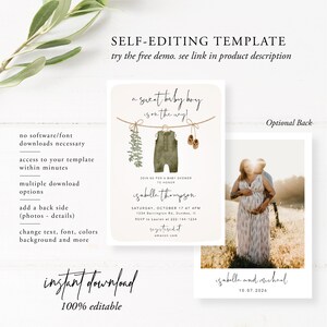 May include: A baby shower invitation template with a watercolour design. The invitation features a green onesie, baby shoes, and text that reads "a sweet baby boy is on the way!" and "Isabella Thompson". Includes a photo of a couple.
