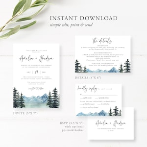 Mountain Wedding Invitation Set, Lake, Mountain, Woodland Pine, Rustic Wedding, Lakeside Editable Template, Instant Download, Templett, 005 image 3