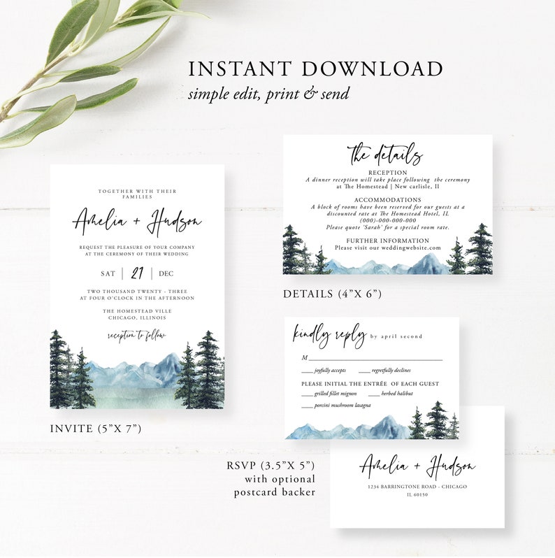 Mountain Wedding Invitation Set, Lake, Mountain, Woodland Pine, Rustic Wedding, Lakeside Editable Template, Instant Download, Templett, 005 image 3
