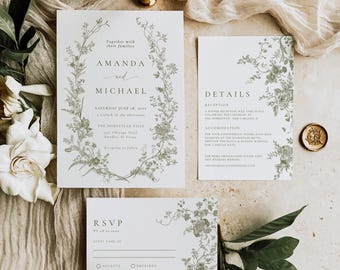 May include: Wedding invitation suite featuring a floral design in green on a white background. The suite includes an invitation, details card, and RSVP card. A gold wax seal and a gold-colored pen are also present.