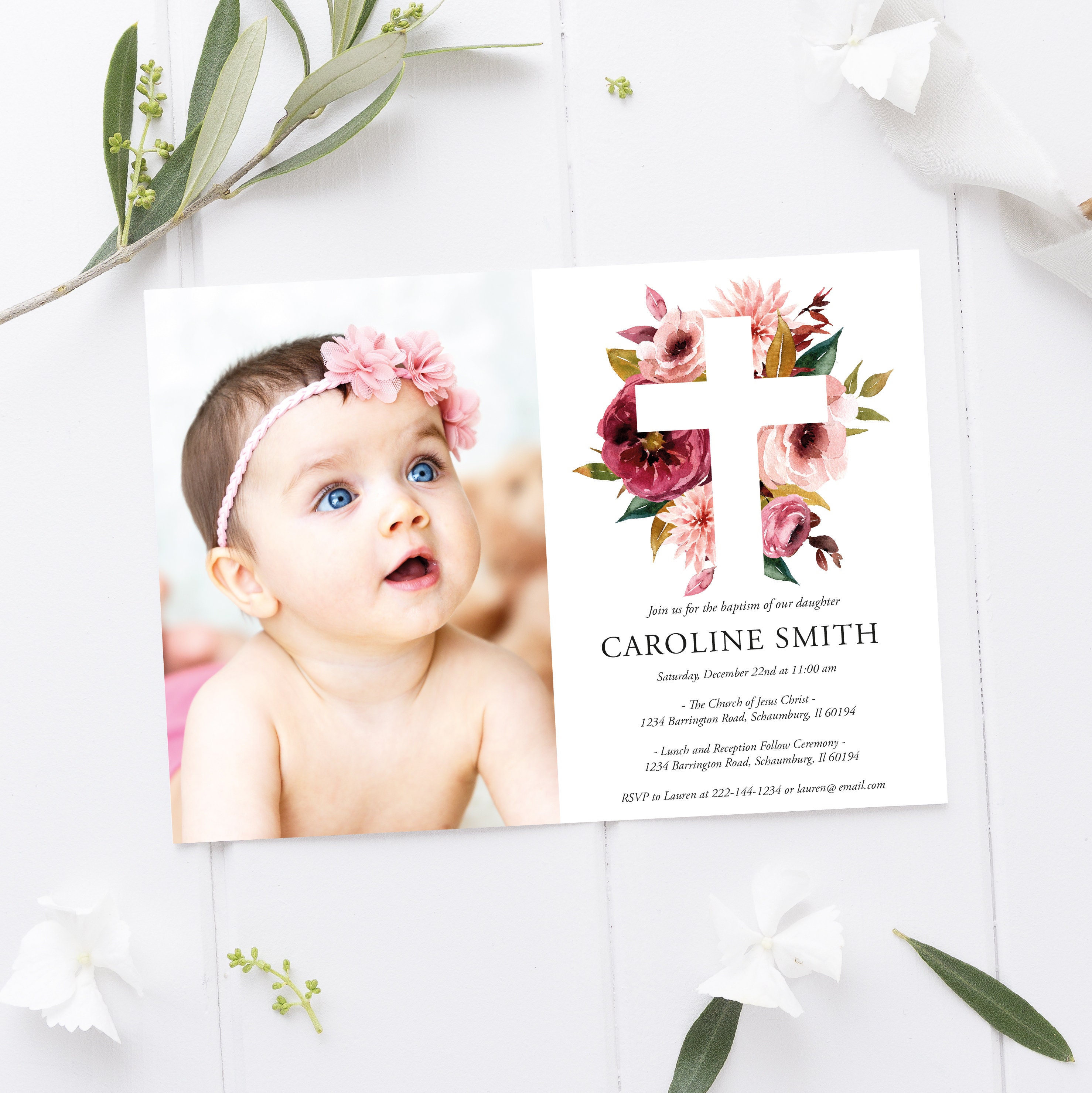 Baptism Invitation Girl Photo Blush Floral Baptism Etsy