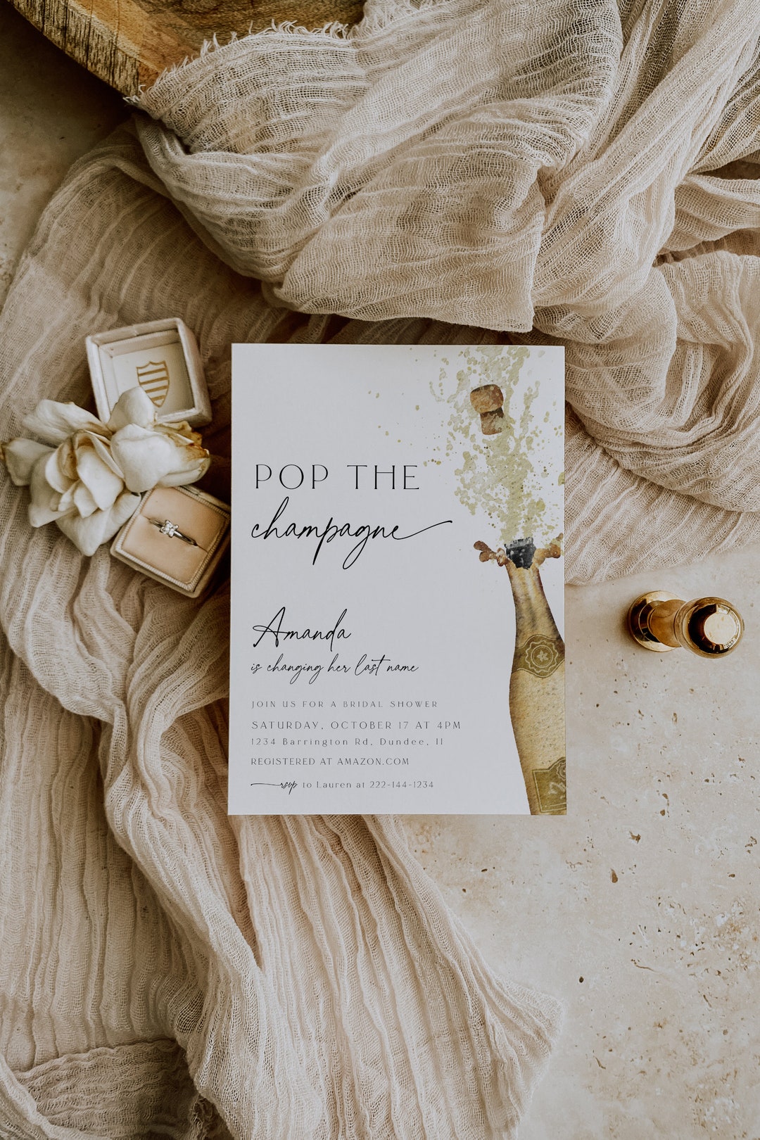 Pop the Champagne Bridal Shower Invitation, She's Changing her Last Name Editable Template Invite, Brunch & Bubbly Engagement Party, 89
