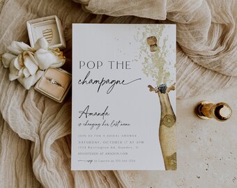 Pop the Champagne Bridal Shower Invitation, She's Changing her Last Name Editable Template Invite, Brunch & Bubbly Engagement Party, 89