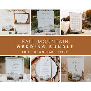 Mountain Wedding Bundle, Wedding Essential Template, Fall Mountain Pine Invitation Suite, 100% Editable, Rustic, Instant Download, Rust, 126