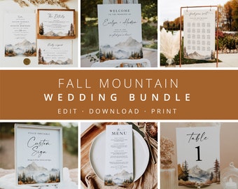 Mountain Wedding Bundle, Wedding Essential Template, Fall Mountain Pine Invitation Suite, 100% Editable, Rustic, Instant Download, Rust, 126