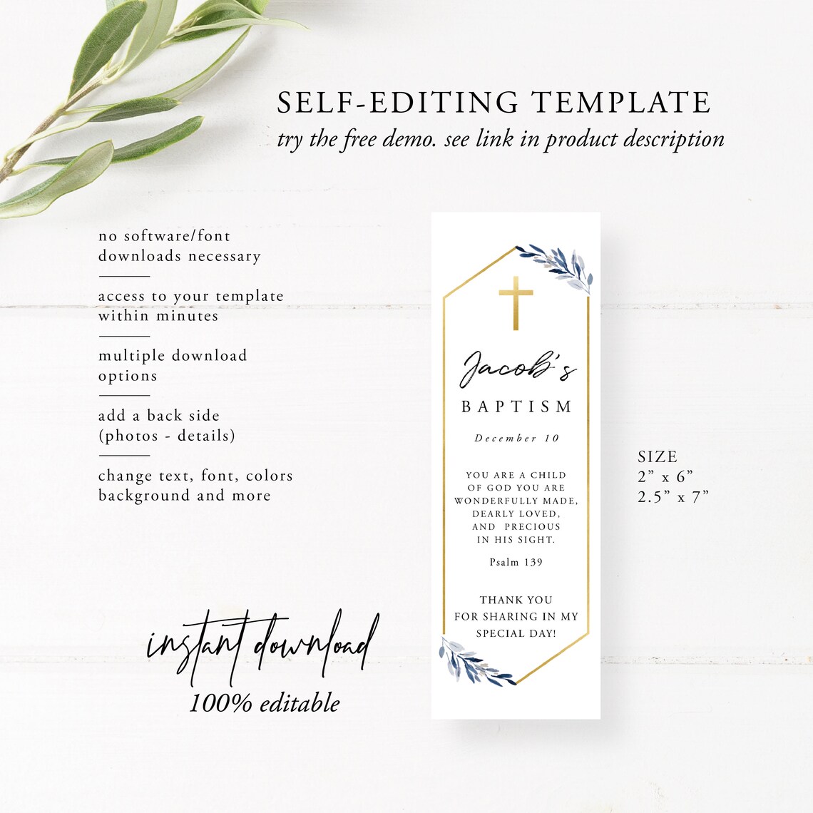 Baptism Bookmark Template Editable Bookmark Keepsake - Etsy