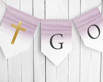 Baptism Banner Template, Lavender Watercolor Baptism, Custom Banner, Christening Banner, Purple, Editable bunting, DOWNLOAD, Templett, 36