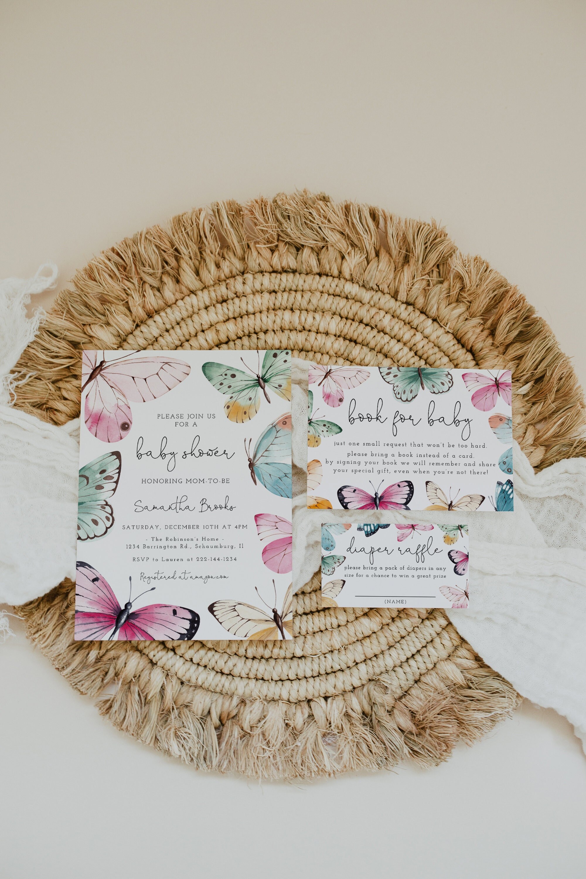 Butterfly Baby Shower Invitation Set Template Diaper Sign Book Girl Baby Shower Spring Shower Little Butterfly Editable Text