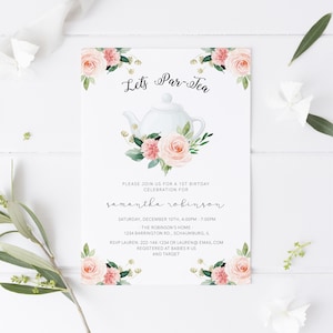 Tea Party Birthday Invitation, ParTea, 1st Birthday Invite, Tea Party 1st, Tea for Two, Download, Printable, Template Floral Blush, 23
