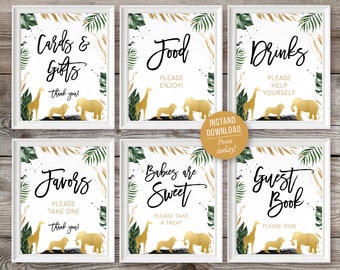 Safari Baby Shower Signs, 8x10, Gold, Jungle Baby Shower, Safari Animals, Lion, Elephant, Giraffe, Instant Download