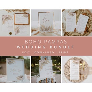 Pampas Wedding Bundle, Wedding Essential Template, Pampas Invitation Suite, 100% Editable, Boho, Instant Download, Templett