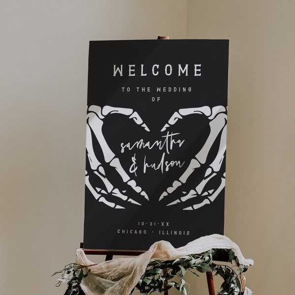 Plantilla de letrero de bienvenida de boda con calavera, letrero de bienvenida de boda gótico, póster imprimible de bienvenida de boda de Halloween, boda "Hasta la muerte" DIY, 69