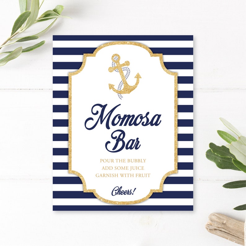 Nautical Baby Shower Momosa Bar Sign , Baby Shower Boy, Dont Say Baby Game Sign, Digital Download, Nautical, Games Anchor, Navy, Gold, Red image 1