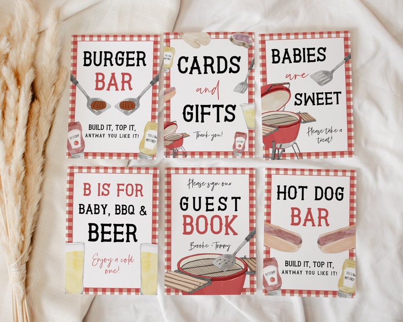 Babyshower-skyltpaket, BBQ-babyshower, Baby Q-babyshower, 5x7, 8x10, BBQ-skylt, Parduschlagning, Redigerbar, Mall, 85 bild 1