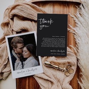 Plantilla de tarjeta de agradecimiento negra, carta de agradecimiento, menú de boda imprimible, boda industrial, blanco y negro, instantánea, 43