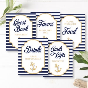Letreros náuticos para baby shower, paquete de 5 letreros con ancla azul marino y dorado con purpurina, 2 tamaños (8x10 - 5x7), descarga instantánea.