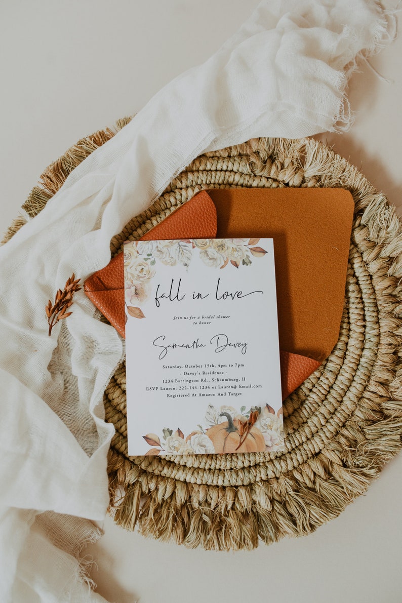 Fall Bridal Shower Invitation, Autumn Bridal Shower Pumpkin Invitation, Fall in Love Invitation, Boho, Download, Editable, Template, 032 image 1