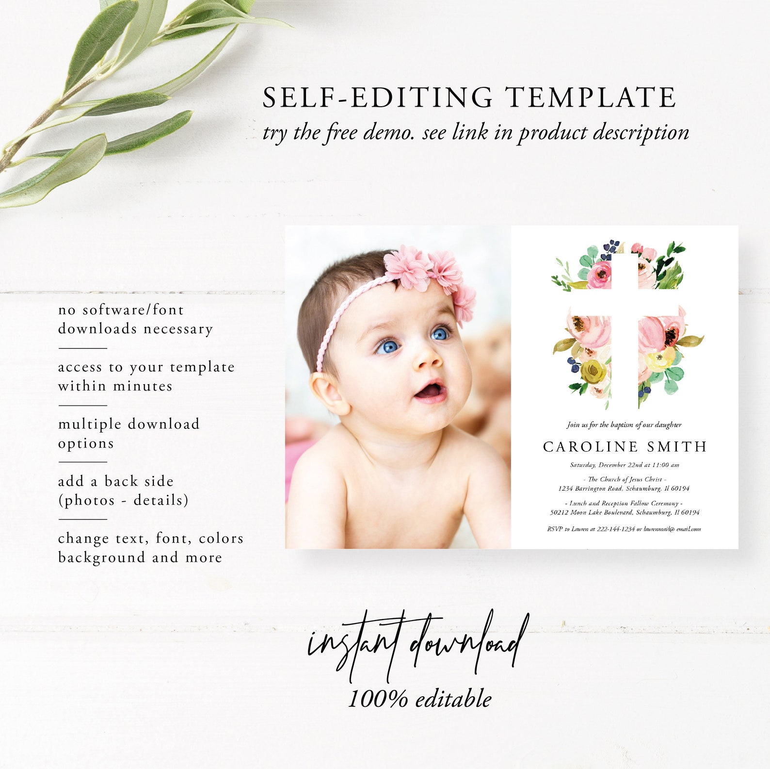 Girl Photo Baptism Invitation Template Blush Floral Pink Etsy