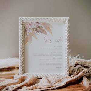 Plantilla de menú de pampas, hierba de pampas, estilo bohemio, letrero imprimible para menú de cena de boda, texto 100 % editable, descarga instantánea, Templett