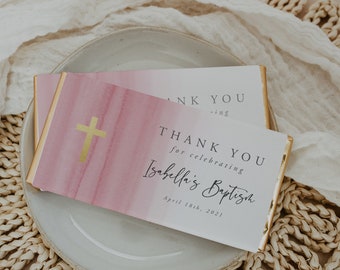 Chocolate Bar Wrapper Template, Chocolate Wrappers, Pink Watercolor Candy Bar Label, Printable, Editable, Labels, First Holy Communion, 36