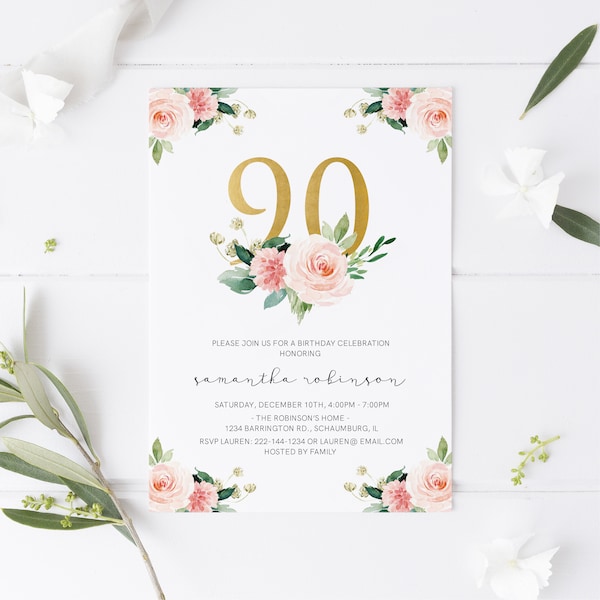 90th Birthday Invitation INSTANT DOWNLOAD, Ninetieth Birthday, Adult, Women's, Templett, Watercolor, Foil, Floral, Editable, Template