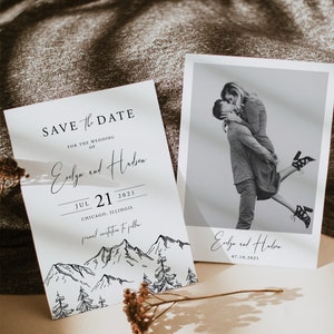 May include: A save the date card with a mountain range illustration and the text "Save the Date for the wedding of Evelyn and Hudson, Jul 21, 2021, Chicago, Illinois, formal invitation to follow". A separate photo card shows a couple kissing with the text "Evelyn and Hudson, 07.10.2021".