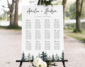 Pine Seating Chart Poster, Woodland, Mountain, Printable Wedding Seating Sign, Instant Download, Editable Template, Templett, 005