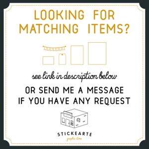 May include: A white graphic with black text that says "LOOKING FOR MATCHING ITEMS?" with a string of flags, a rectangle, a tag, and another rectangle. The text below says "see link in description below OR SEND ME A MESSAGE IF YOU HAVE ANY REQUEST". The bottom of the graphic has a small black and white illustration of a store with the text "STICKEARTE graphic store".