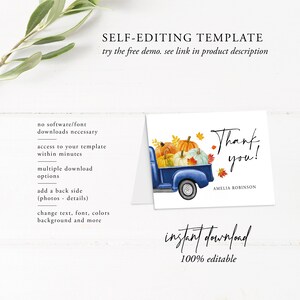 Pumpkin Thank You Card Template, Truck Pumpkin Thank You Card, Baby Shower Thank You Folded Card, Note Card, Instant Download, Template image 2