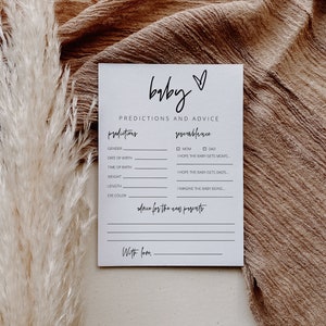 Kaart met moderne babyvoorspellingen en advies, afdrukbare minimalistische babyshower, bewerkbare tekst, doe-het-zelf babyadvies, direct downloaden, Templett, 41