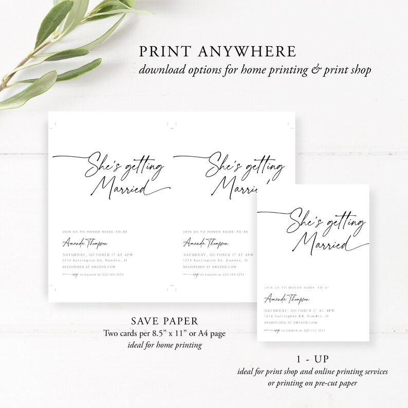 Puede incluir: Plantilla de invitaci&oacute;n de boda imprimible con el texto "She's getting married" en una fuente de escritura a mano. La invitaci&oacute;n incluye el nombre de la novia, la fecha, la hora y el lugar de la boda. La plantilla est&aacute; disponible en dos tama&ntilde;os: 8,5 x 11 pulgadas y A4.