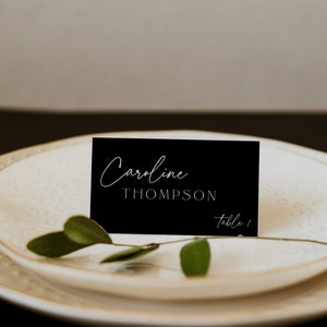 Plantilla minimalista negra para tarjetas de lugar de boda, tarjetas imprimibles, plantilla moderna para boda, caligrafía, descargable, editable, Templett, 89