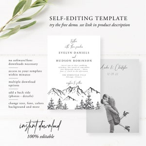 Mountain Wedding Invitation Set, Mountain, Woodland Pine, Rustic Wedding, Lakeside Editable Template, Instant Download, Templett, 001 image 4