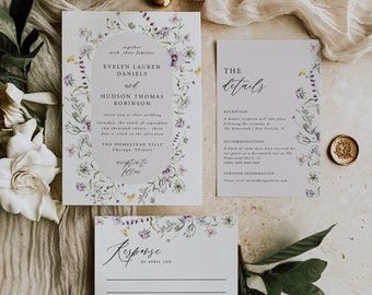 Wildflower Wedding Invitation Template Set, A5, Wedding Invitation Template Download, Editable Floral Wedding Invite, Instant Download, 74