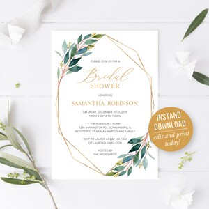 Bridal Shower Invitation, Bridal Shower Greenery, Instant Download, Branch Invitation Template, Eucalyptus, Edit Yourself Geometric