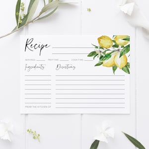 Plantilla de tarjeta con receta de limón, inserto de receta de despedida de soltera con cítricos, imprimible, descarga instantánea, texto 100 % editable, Templett