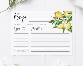 Zitrone Rezept Kartenvorlage, Citrus Brautdusche Rezept Einsatz, Printable, Sofortiger Download, 100% bearbeitbarer Text, Templett