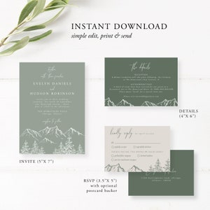 Mountain Wedding Invitation Set, Sage Green Mountain, Woodland Pine, Rustic Wedding, Lakeside Editable Template, Instant Download, 001 image 5